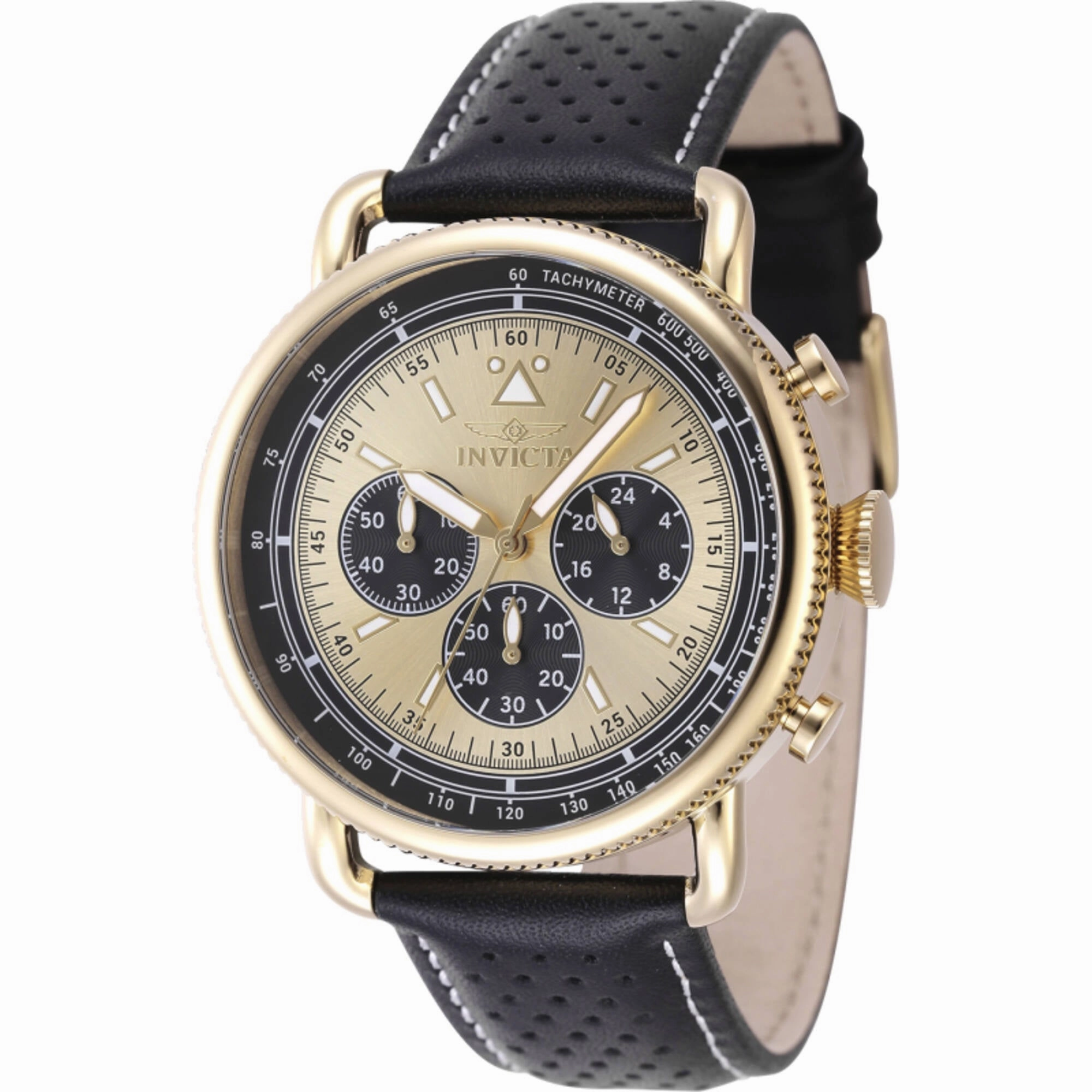 Invicta Men's Chronograph Watch - Speedway Gold Tone Dial Black Leather Strap | 47365