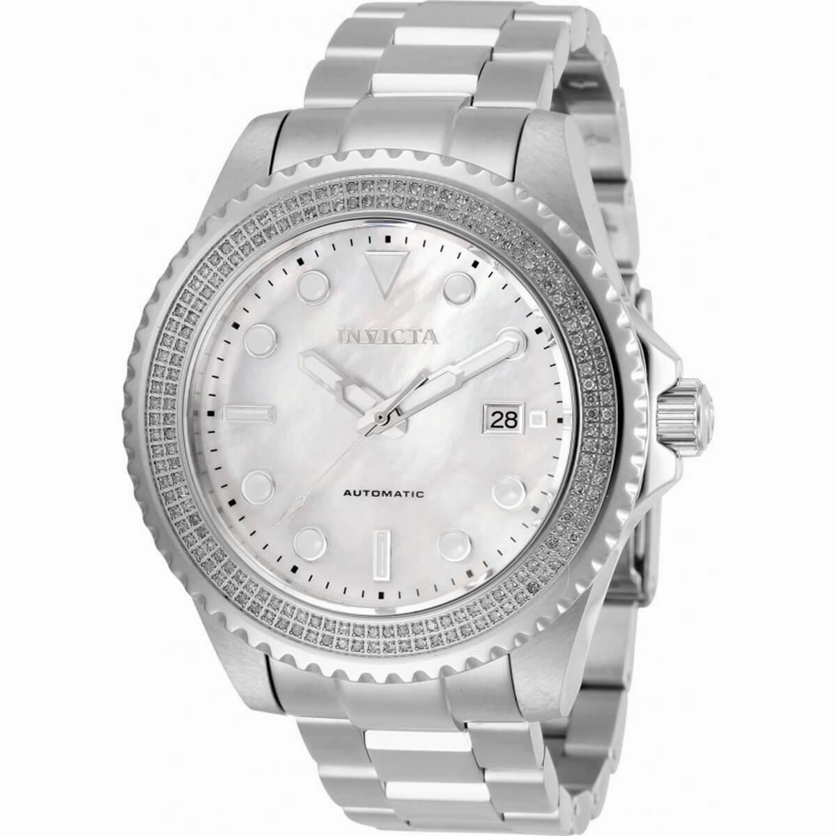 Invicta Men's Diamond Watch - Pro Diver White MOP Dial Silver Tone Bracelet | 30324