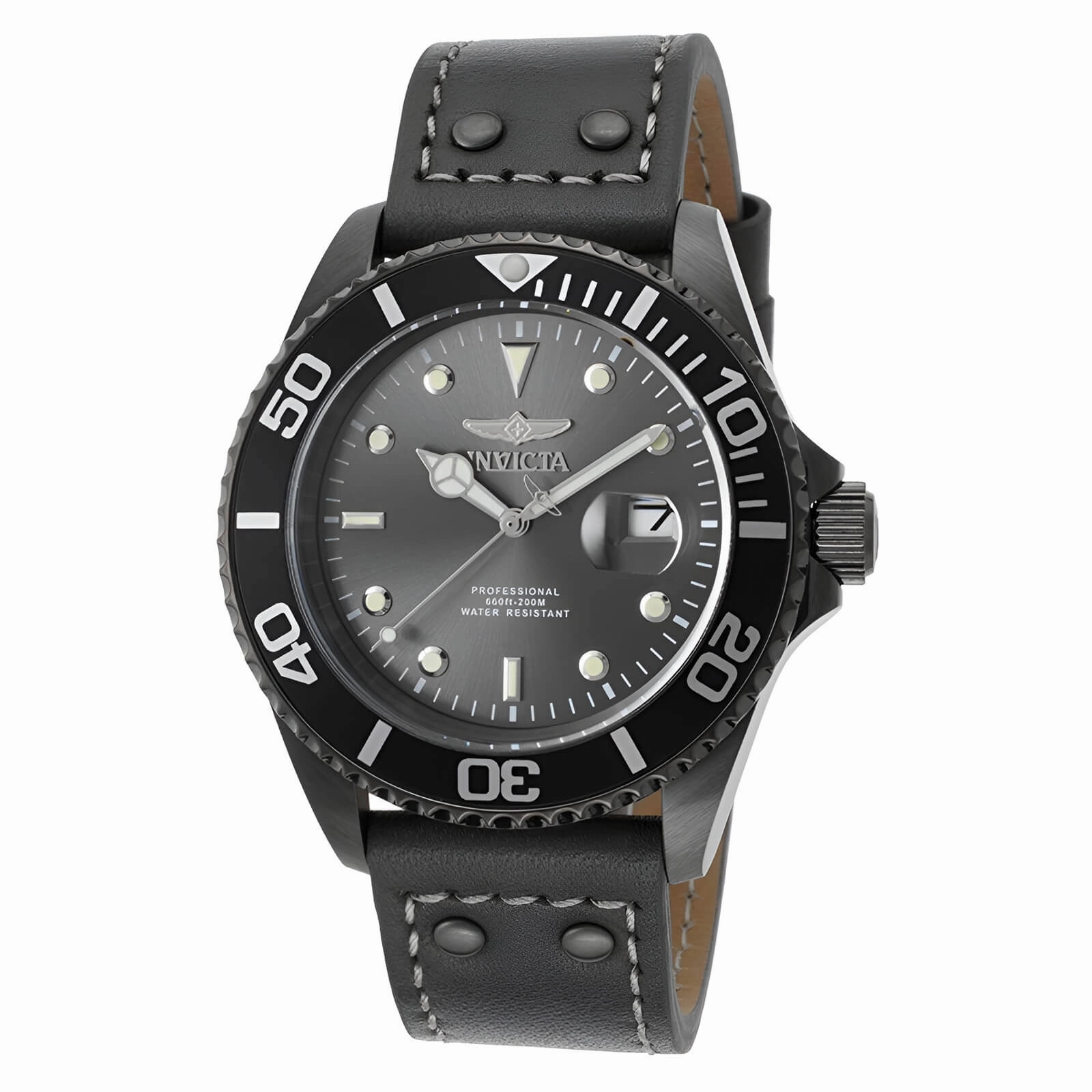 Invicta Men's Grey Leather Strap Watch - Pro Diver Quartz Grey Dial Dive | 22077