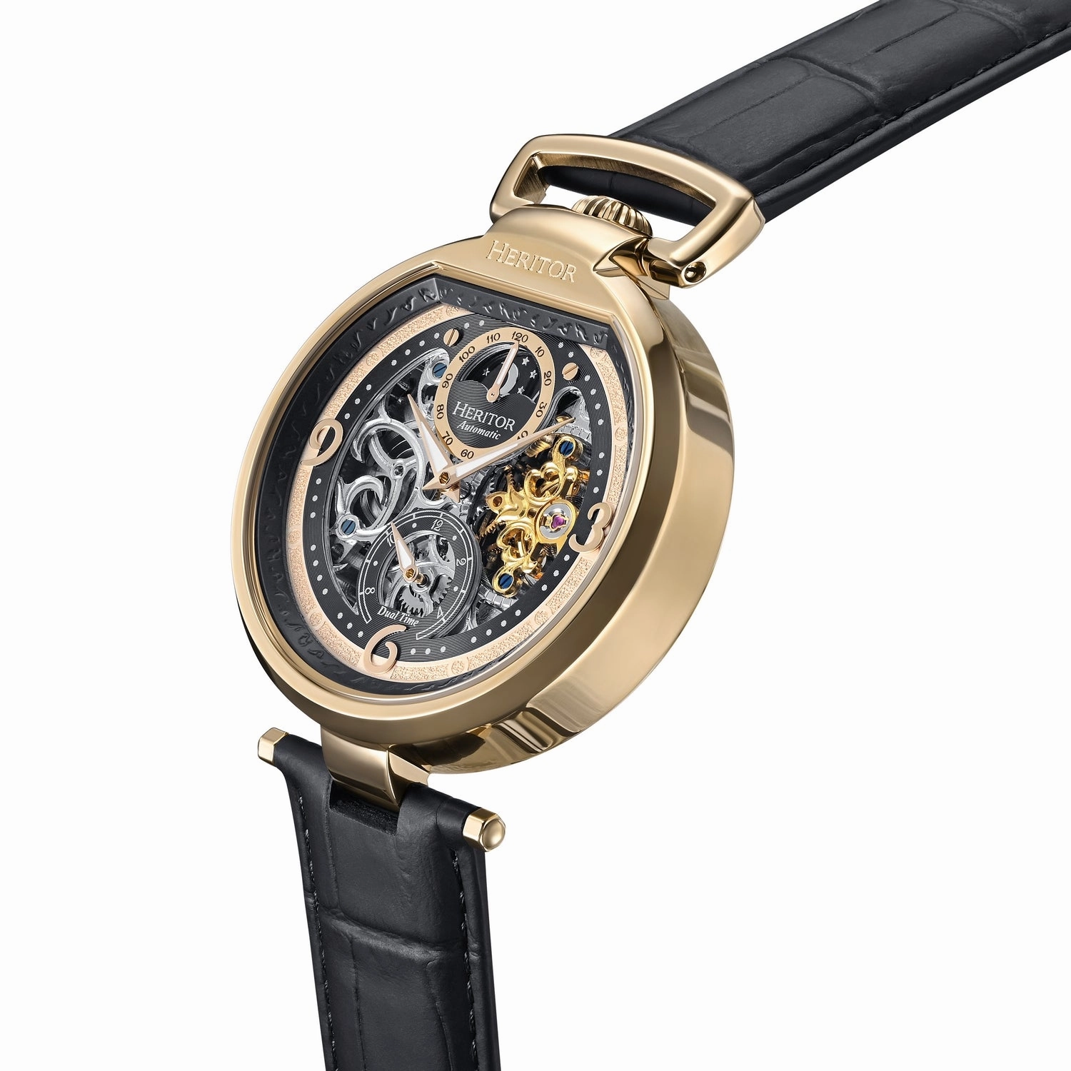 Lincoln Leather-Band Skeleton Watch with Moon Phase