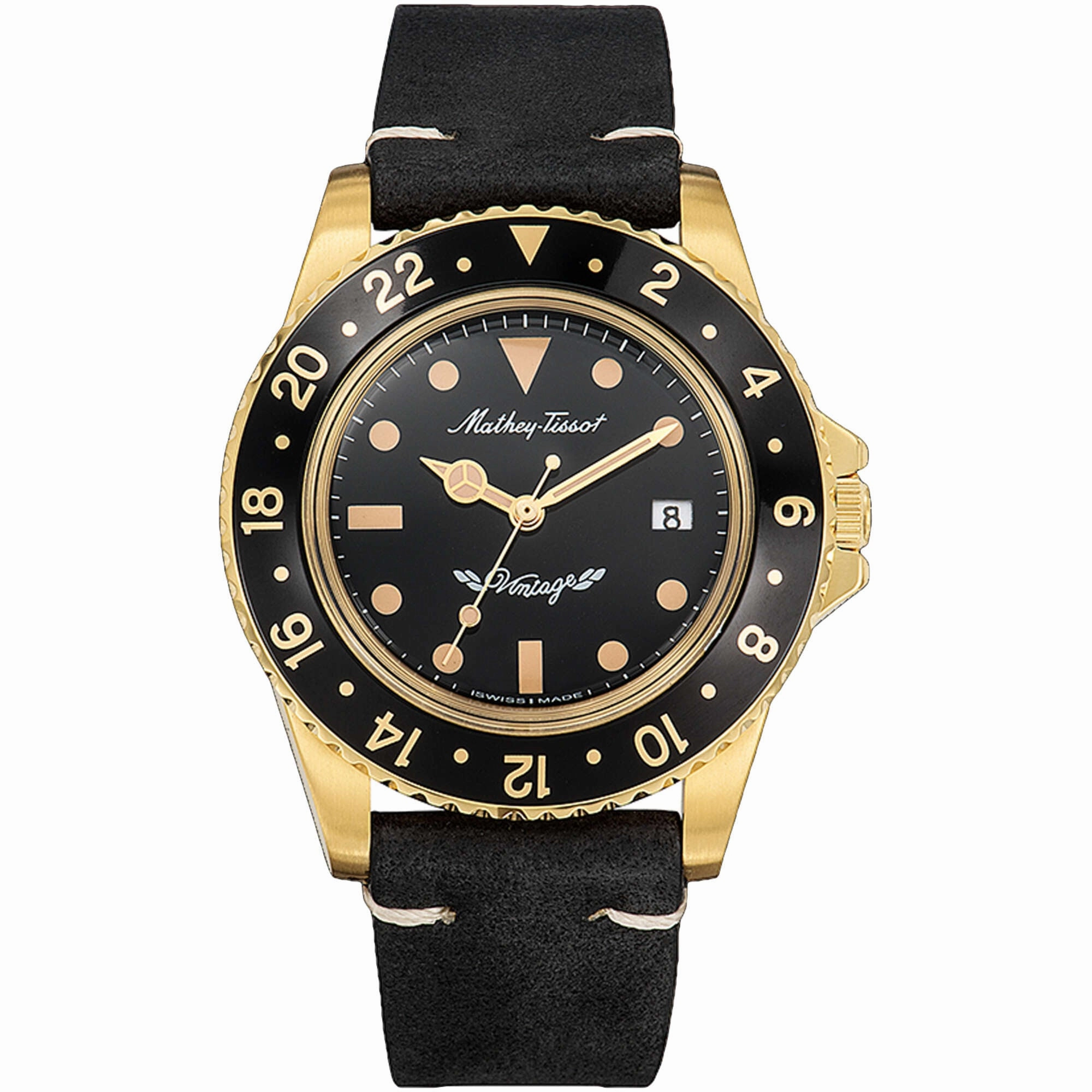 Mathey Tissot Men's Watch - Vintage Quartz Yellow Gold Case Black Dial Strap | H900PLN