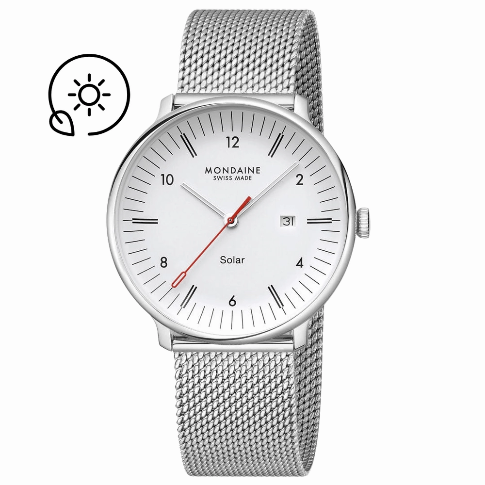 Mondaine Doppio Solar White Dial Stainless Steel Watch MLE.41910.SM
