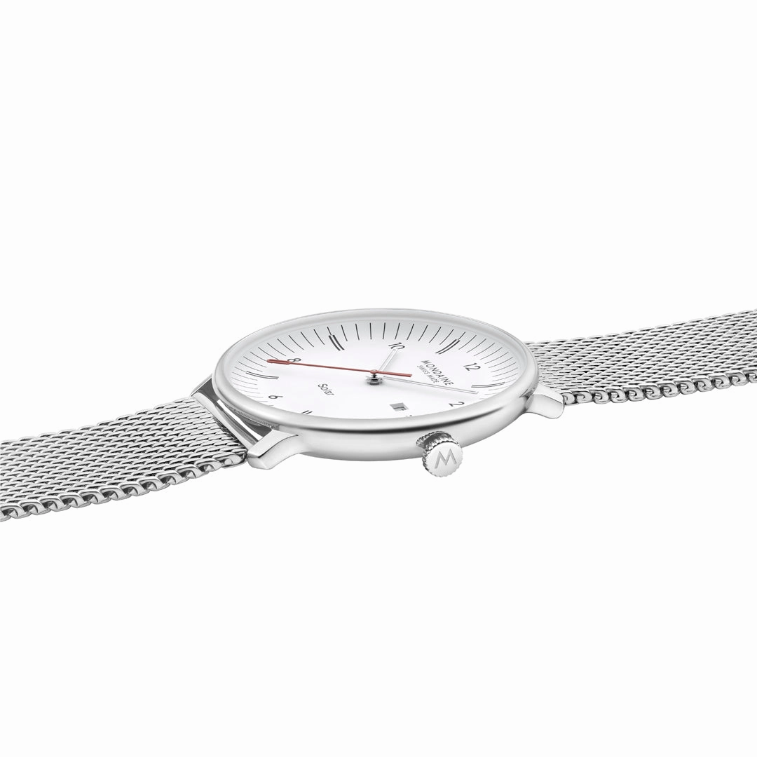 Mondaine Doppio Solar White Dial Stainless Steel Watch MLE.41910.SM