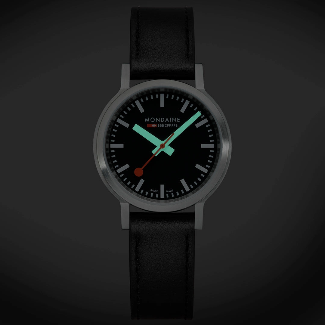 Mondaine Super-Luminova Black Vegan Leather 34MM Watch MST.34020.LBV.SET