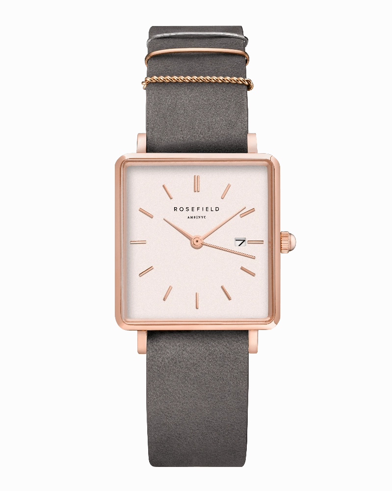 Montre Rosefield THE BOXY Blanc Gris lphant Or Rose QWGR-Q12