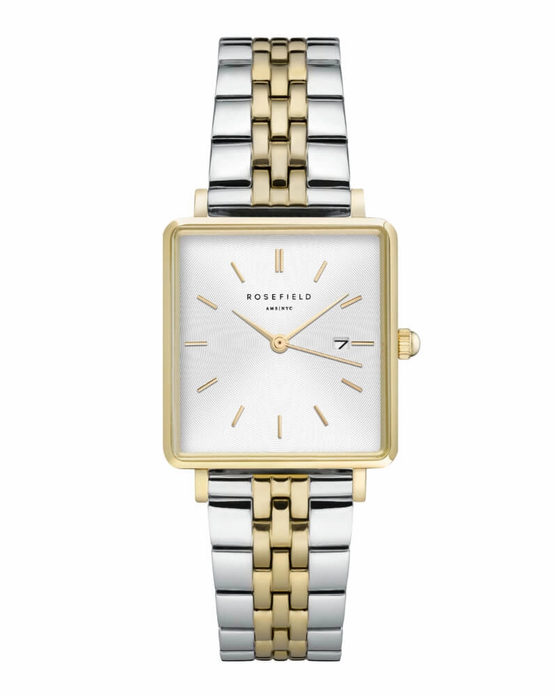 Montre Rosefield THE BOXY Duotone Blanc Sunray Or Jaune Argent QSVGD-Q013