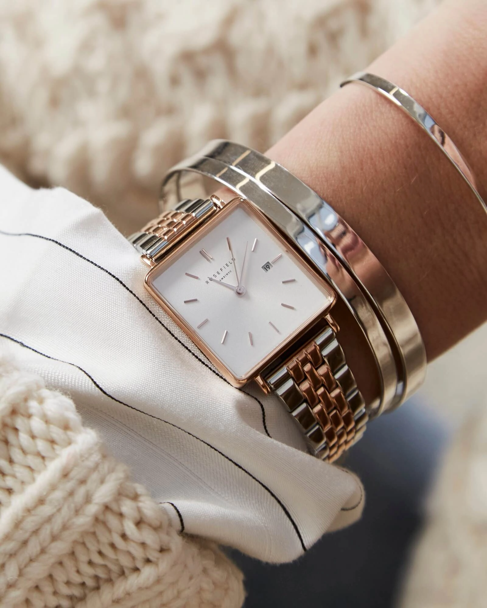 Montre Rosefield THE BOXY Duotone Blanc Sunray Or Rose Argent QSVRD-Q014