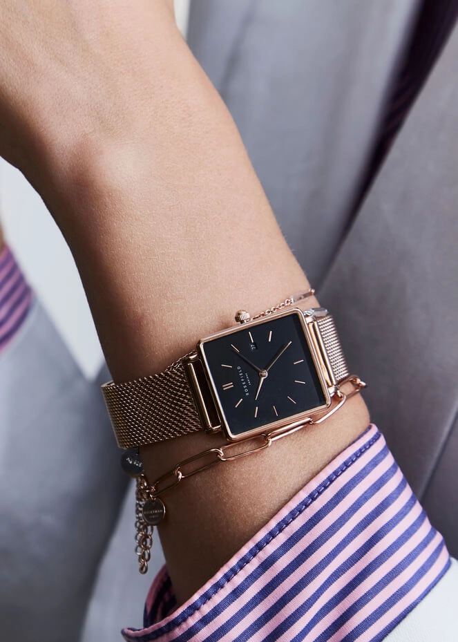 Montre Rosefield THE BOXY Noir Or Rose QBMR-Q05