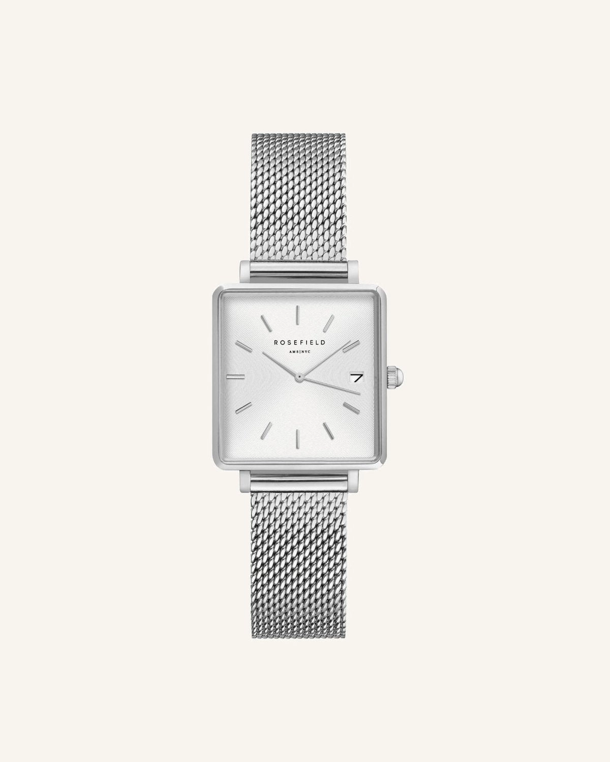 Montre Rosefield THE BOXY XS Blanc Sunray Mailles Argent Q038