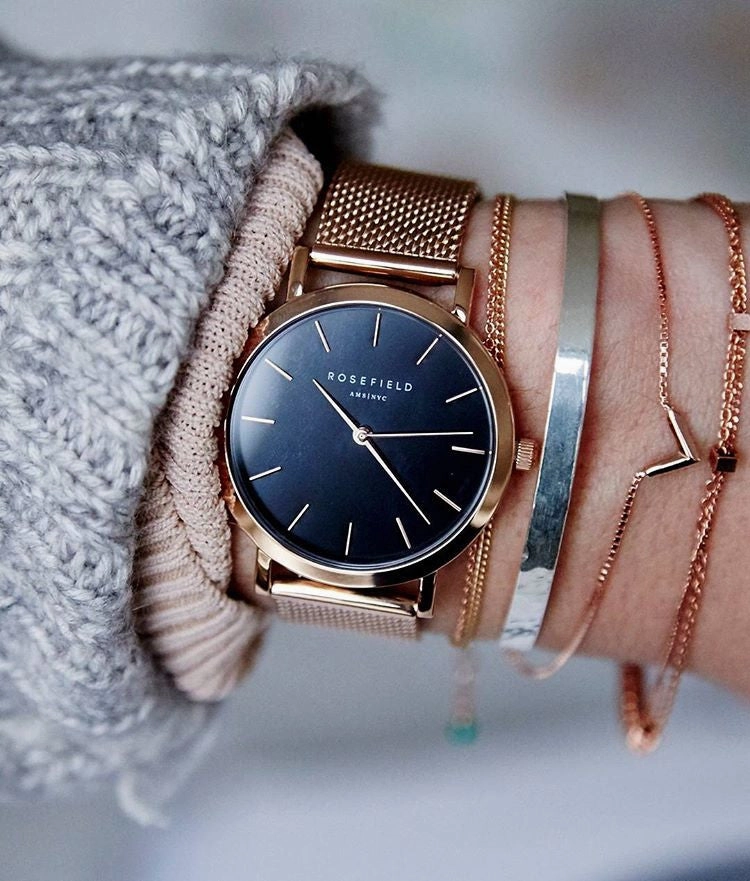 Montre Rosefield The MERCER Black Mesh Rose Gold MBR-M45