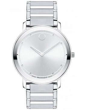 Movado Mens Sapphire Dress Watch - Stainless Steel Case  Silver Soleil Dial
