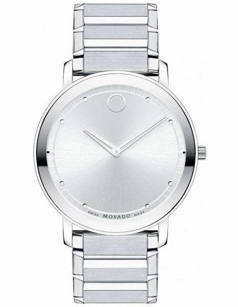 Movado Mens Sapphire Dress Watch - Stainless Steel Case  Silver Soleil Dial