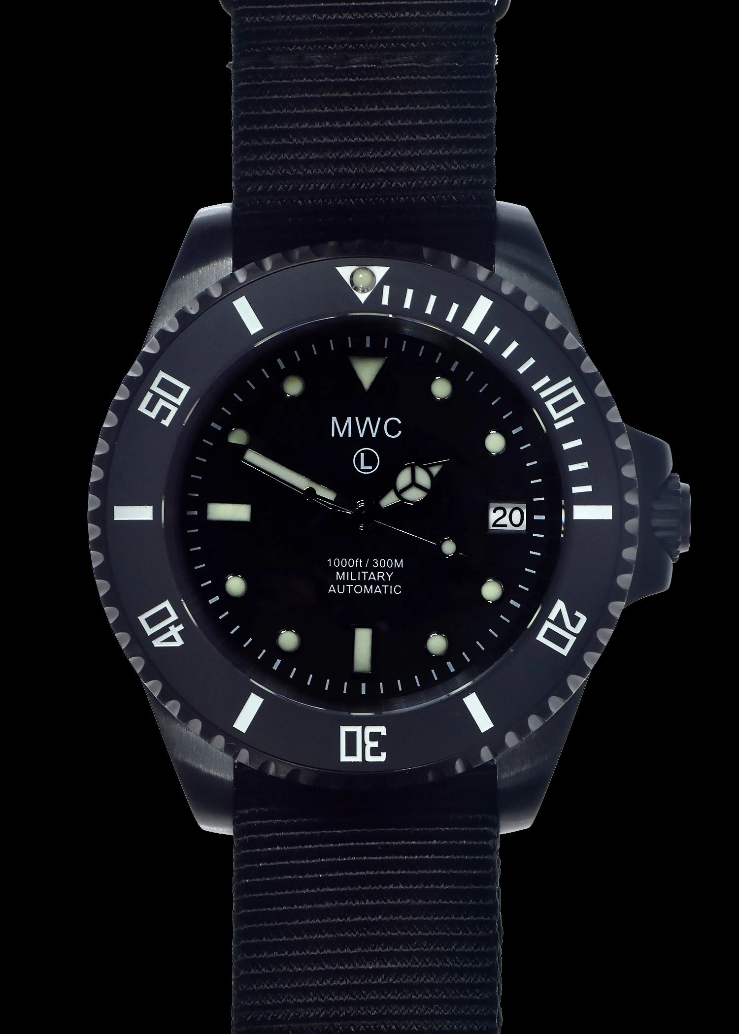 MWC 24 Jewel 300m Automatic Military Divers Watch with Sapphire Crystal and Ceramic Bezel in Black PVD Steel