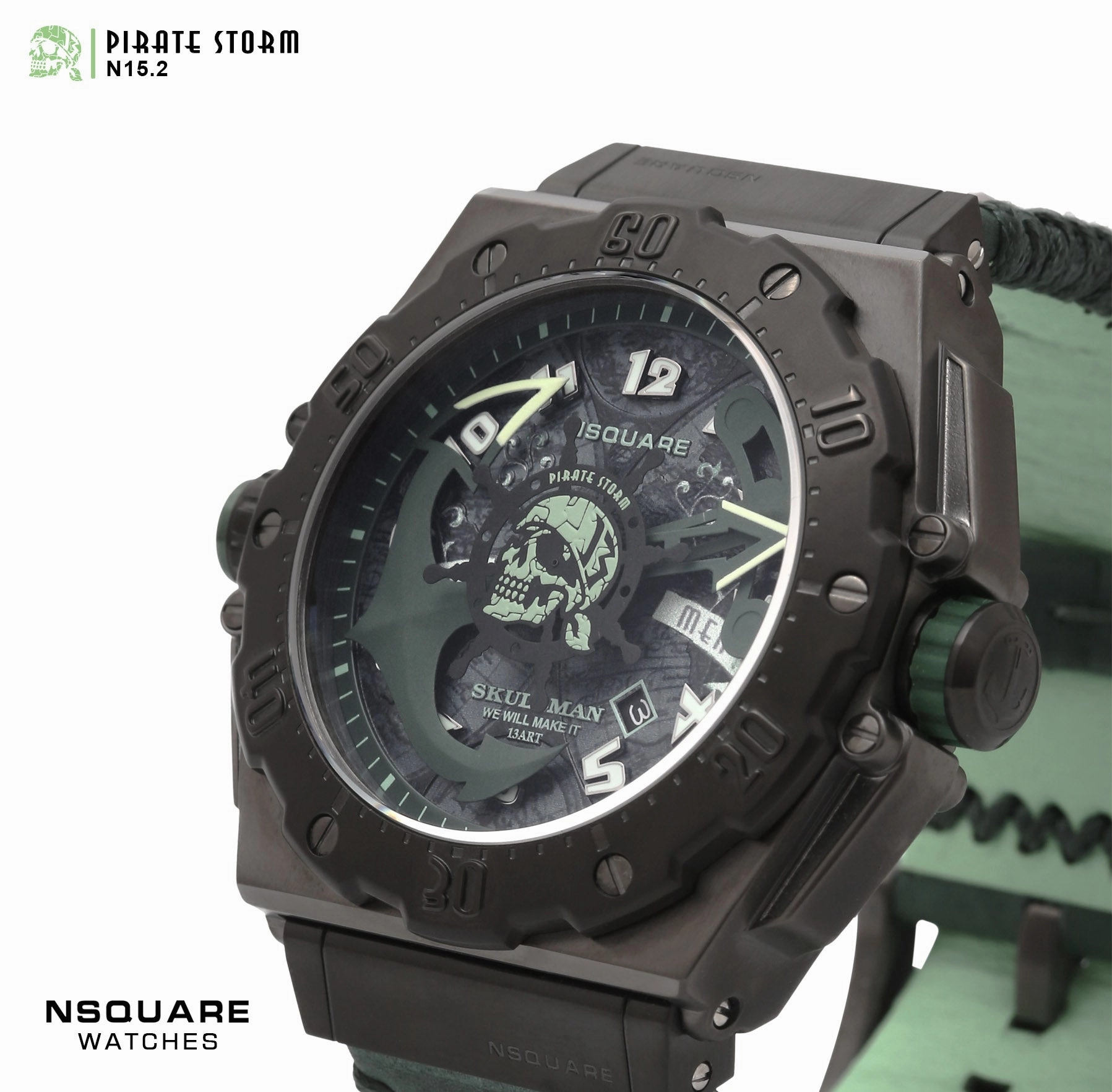 NSQUARE PirateStorm Automatic Watch - 48mm N15.2 Black/Green|?????? ?a????? - 48mm N15.2 ???2/?????2