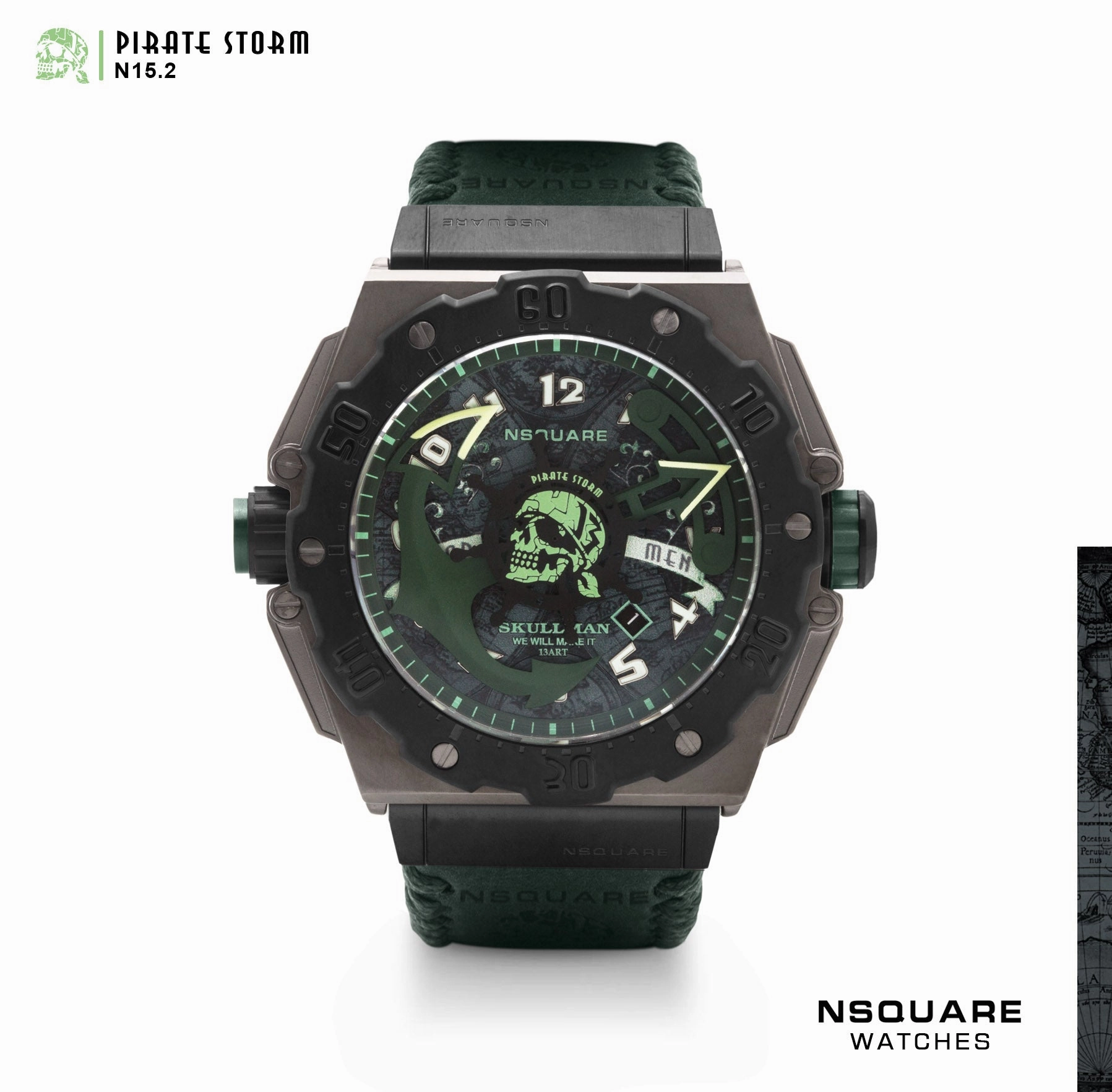 NSQUARE PirateStorm Automatic Watch - 48mm N15.2 Black/Green|?????? ?a????? - 48mm N15.2 ???2/?????2