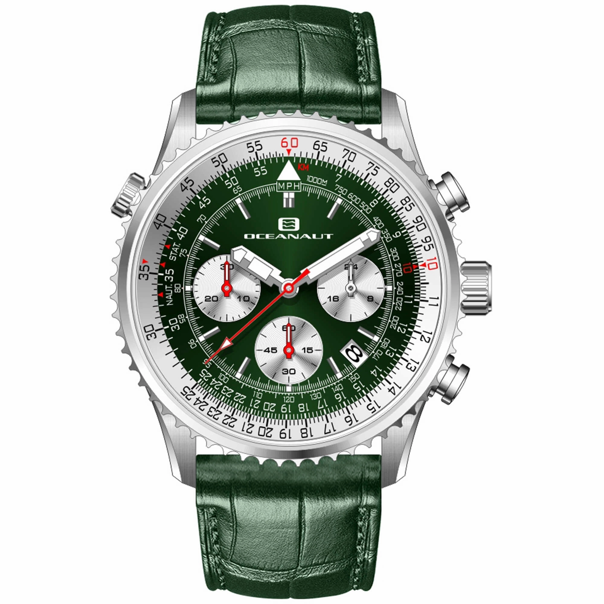 Oceanaut Men's Watch - Flight Silver Tone Case Green Dial Leather Strap | OC0128