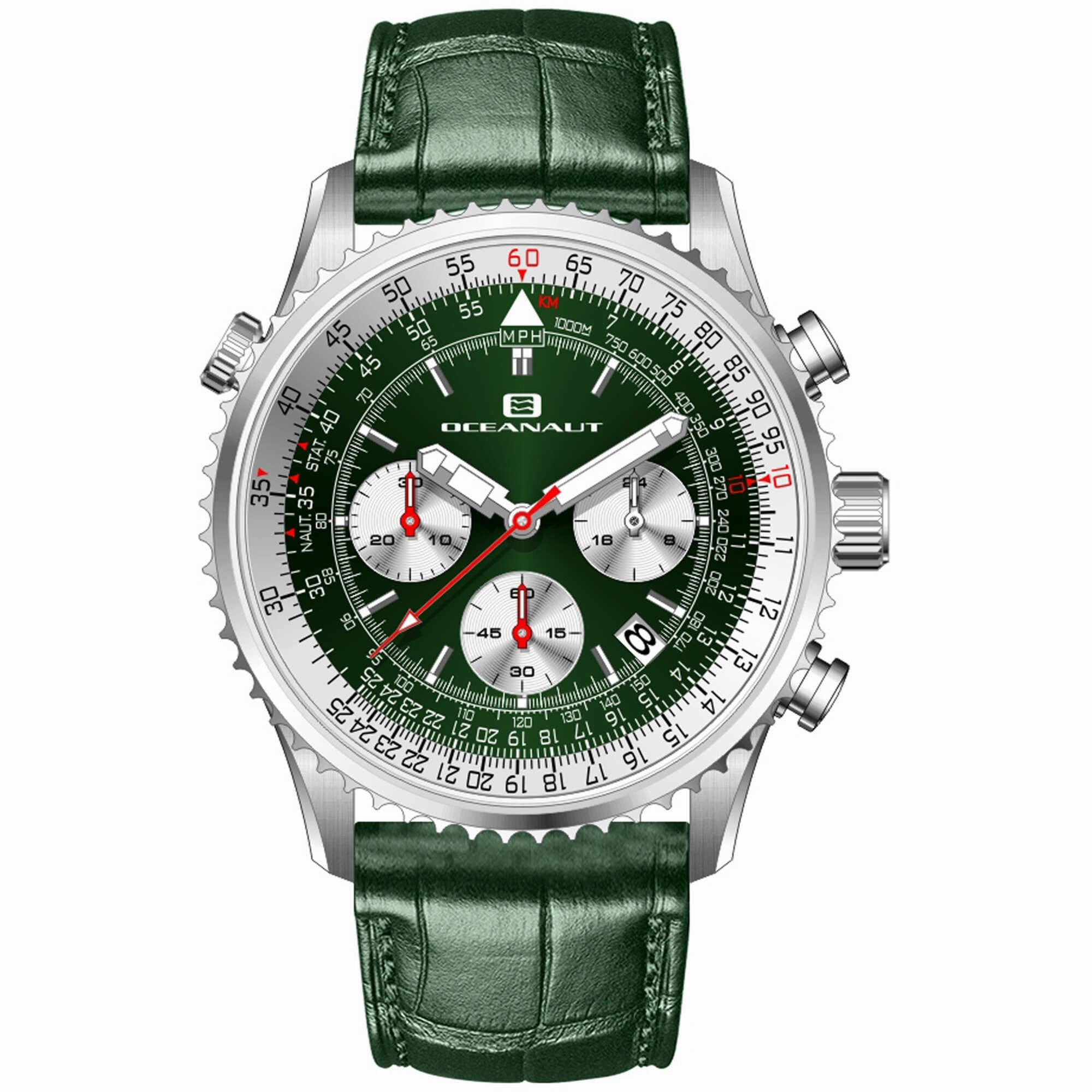 Oceanaut Men's Watch - Flight Silver Tone Case Green Dial Leather Strap | OC0128