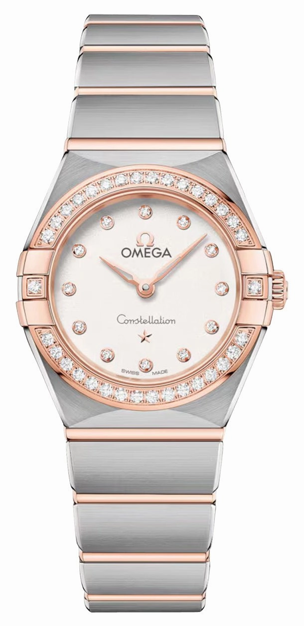 Omega Constellation Stainless Steel & 18K Rose Gold Silver Dial Diamonds Quartz Womens Watch 131.25.25.60.52.001