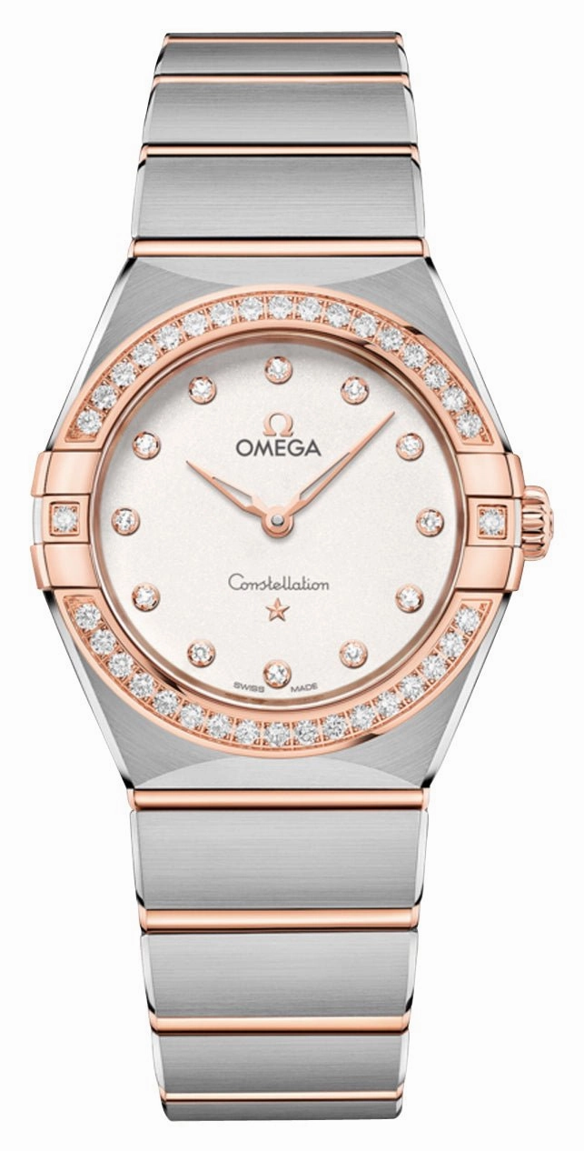 Omega Constellation Stainless Steel & 18K Rose Gold Silver Dial Diamonds Quartz Womens Watch 131.25.28.60.52.001