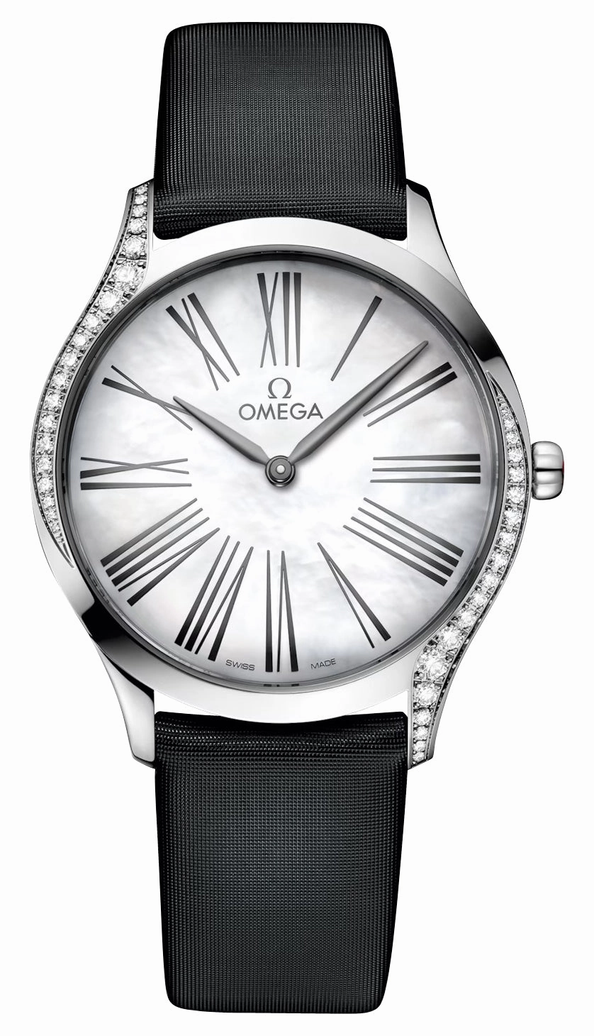 Omega De Ville Tresor Stainless Steel Mother-Of-Pearl Dial Black Satin Strap Diamonds Quartz Womens Watch 428.17.36.60.05.001