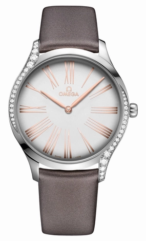 Omega De Ville Trsor Stainless Steel Silver Dial Gray Fabric Strap Diamonds Quartz Womens Watch 428.17.39.60.02.001