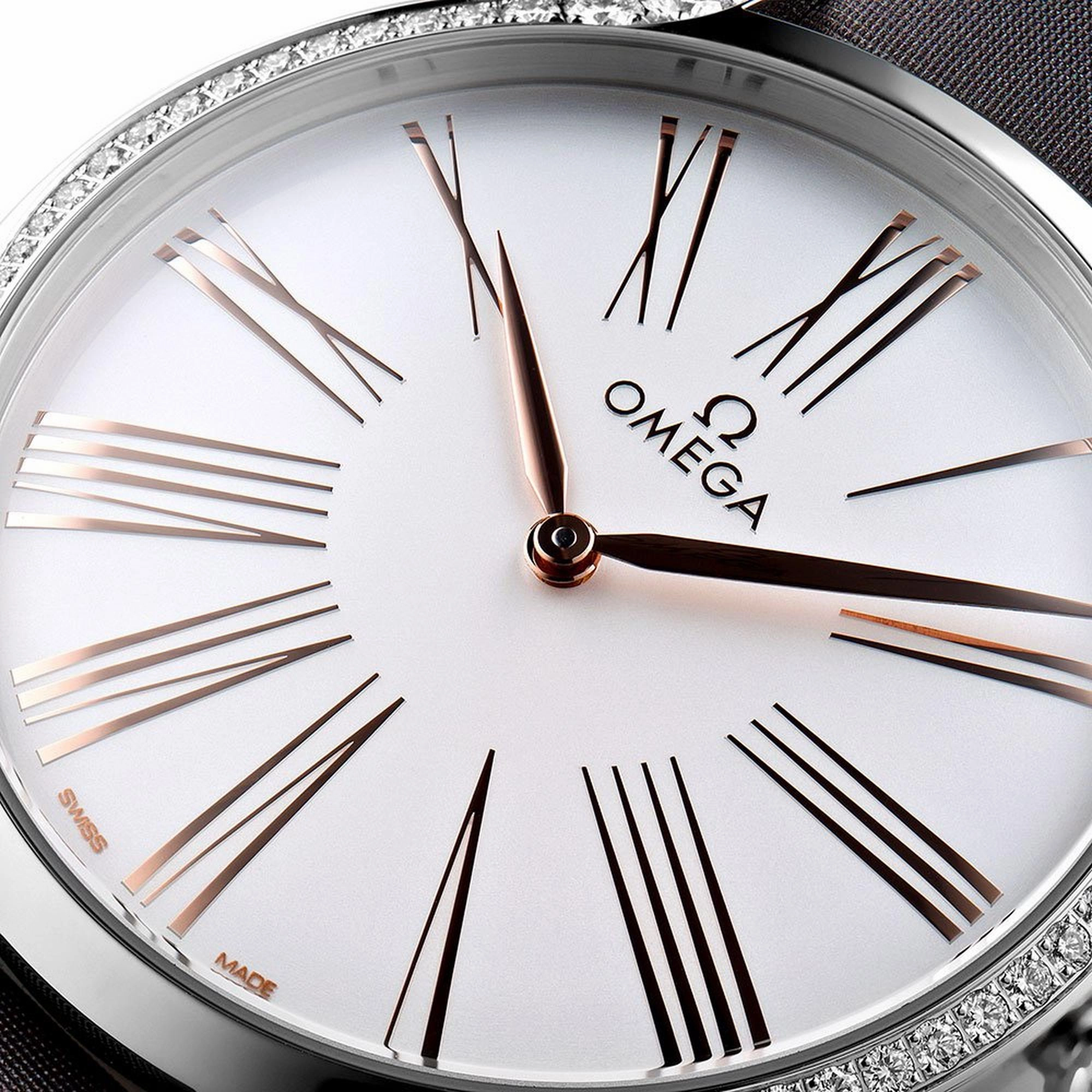 Omega De Ville Trsor Stainless Steel Silver Dial Gray Fabric Strap Diamonds Quartz Womens Watch 428.17.39.60.02.001