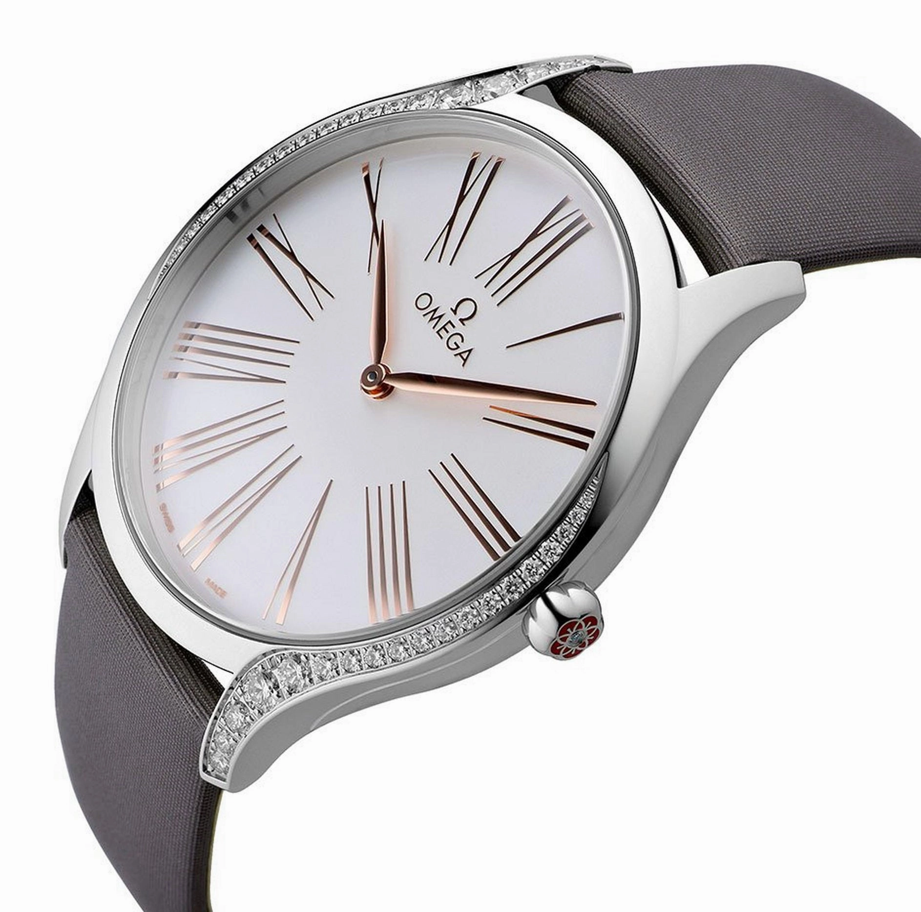 Omega De Ville Trsor Stainless Steel Silver Dial Gray Fabric Strap Diamonds Quartz Womens Watch 428.17.39.60.02.001