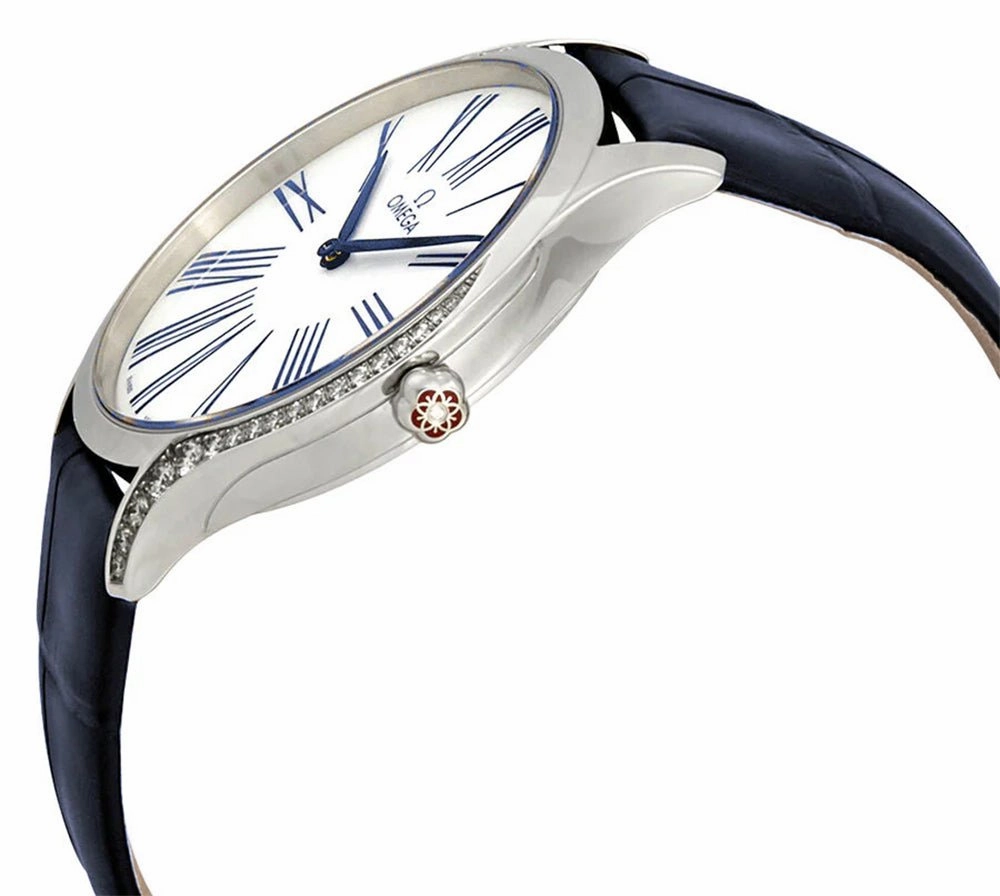 Omega De Ville Trsor Stainless Steel White Dial Blue Leather Strap Diamonds Quartz Womens Watch 428.18.39.60.04.001