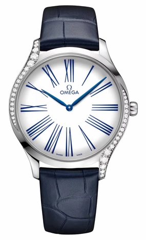 Omega De Ville Trsor Stainless Steel White Dial Blue Leather Strap Diamonds Quartz Womens Watch 428.18.39.60.04.001
