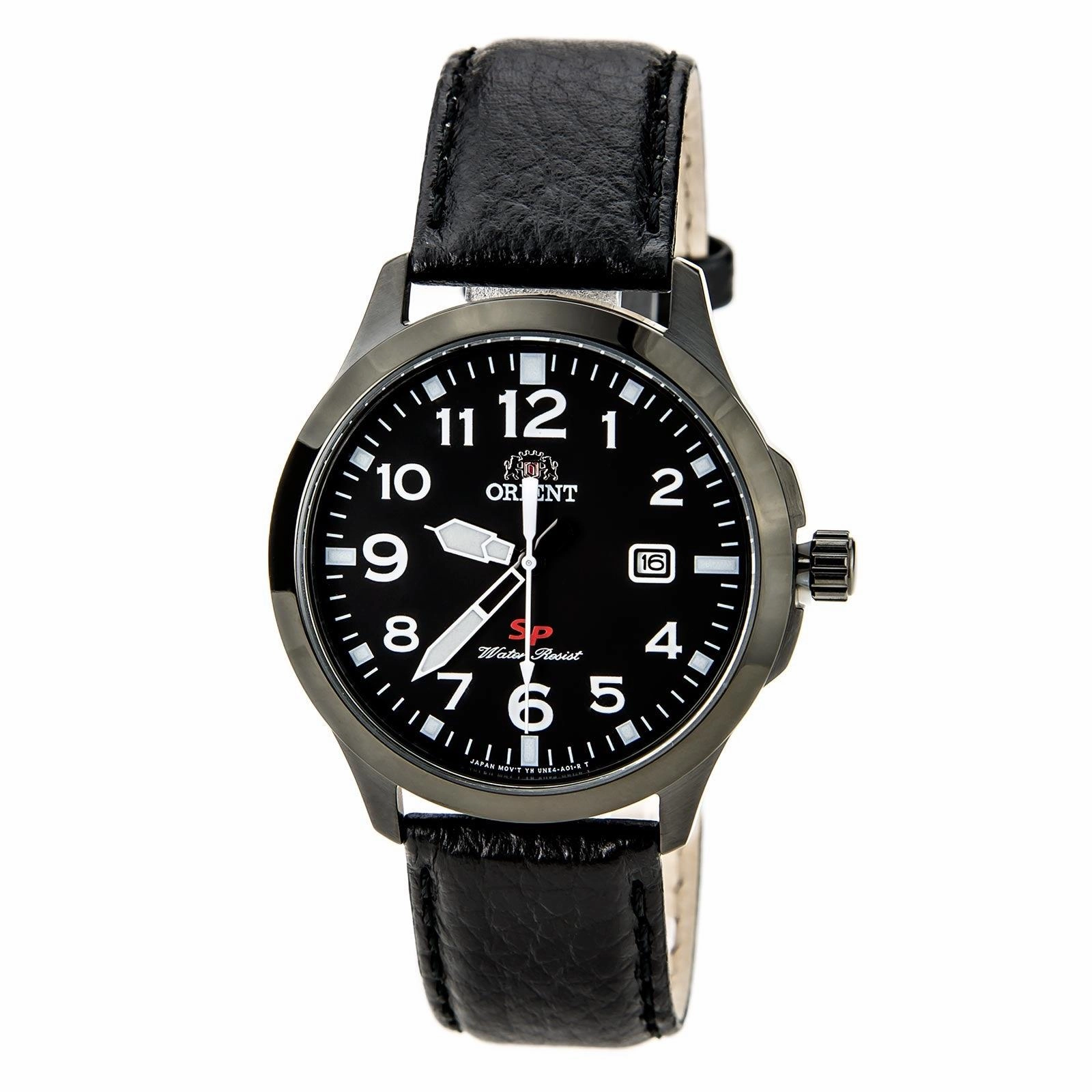 Orient UNE4002B Men's SP Black Dial Black Ion Plated Steel Leather Strap Watch