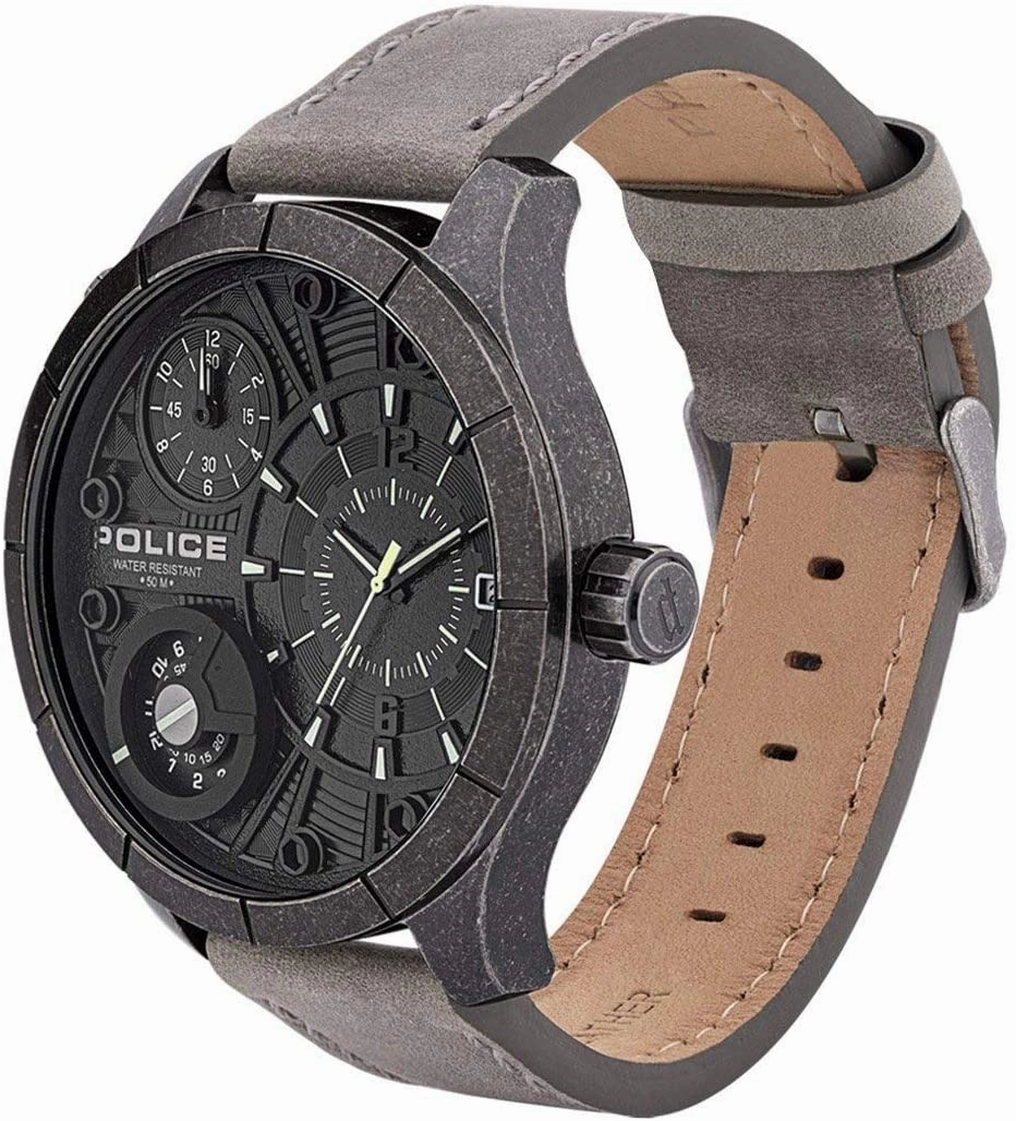 Police Bushmaster Black Dial Grey Leather Strap Watch PL.15662XSQS/02