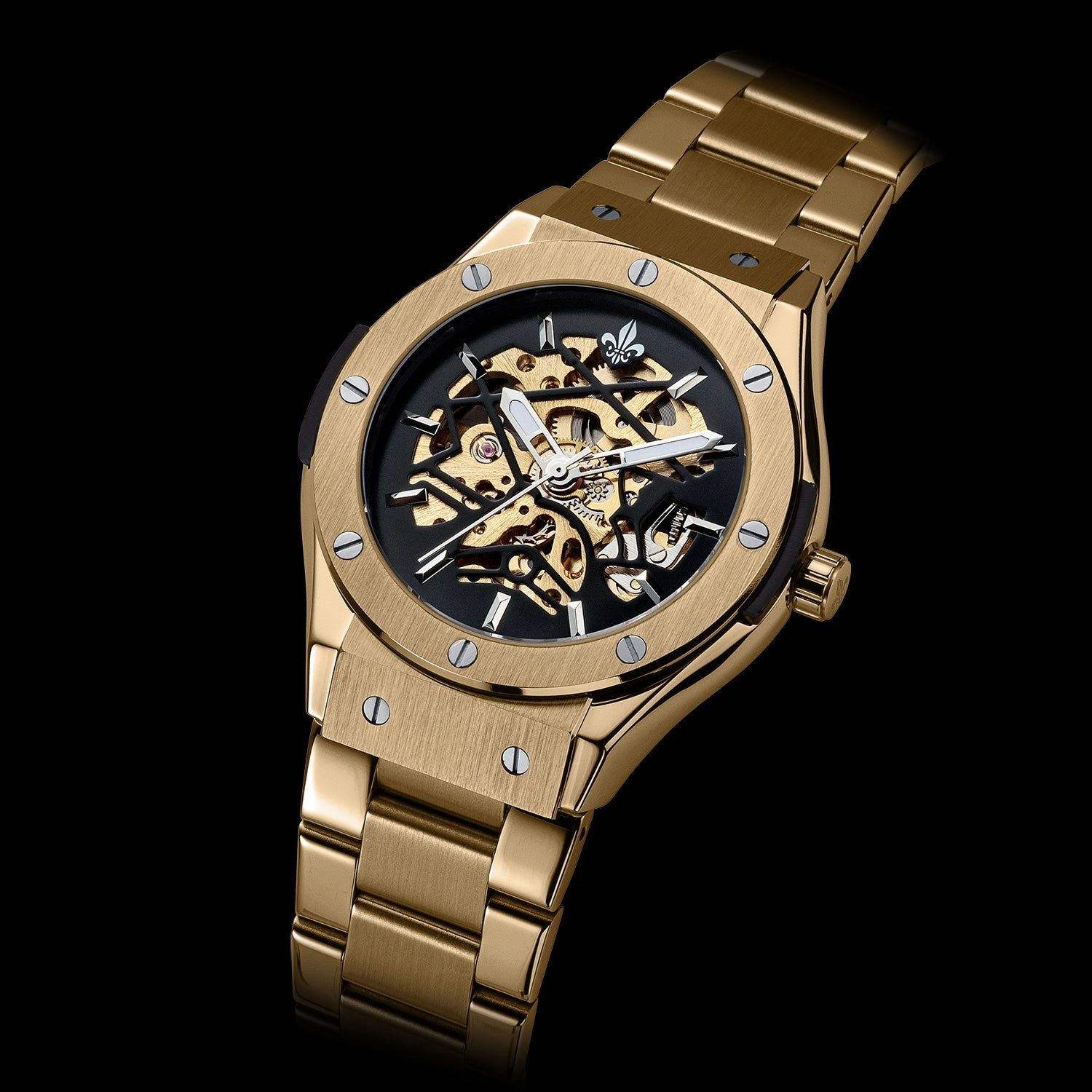 Prague Skeleton Automatic Deluxe - Gold   Gold Link Strap