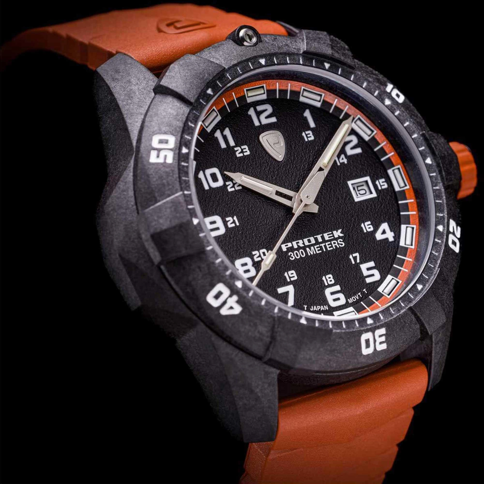 Protek Unisex Quartz Watch - Dive Series Rotating Bezel Orange Rubber Strap | 1004O