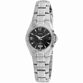Pulsar Women's Watch - Classic Silver Tone Case Black Dial Leather Strap | PXT795