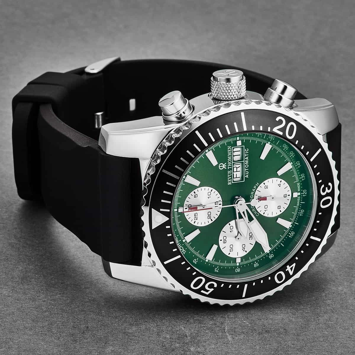Revue Thommen Men's 17030.6521 'Divers' Green Dial Day-Date Chronograph Rubber Strap Automatic Watch