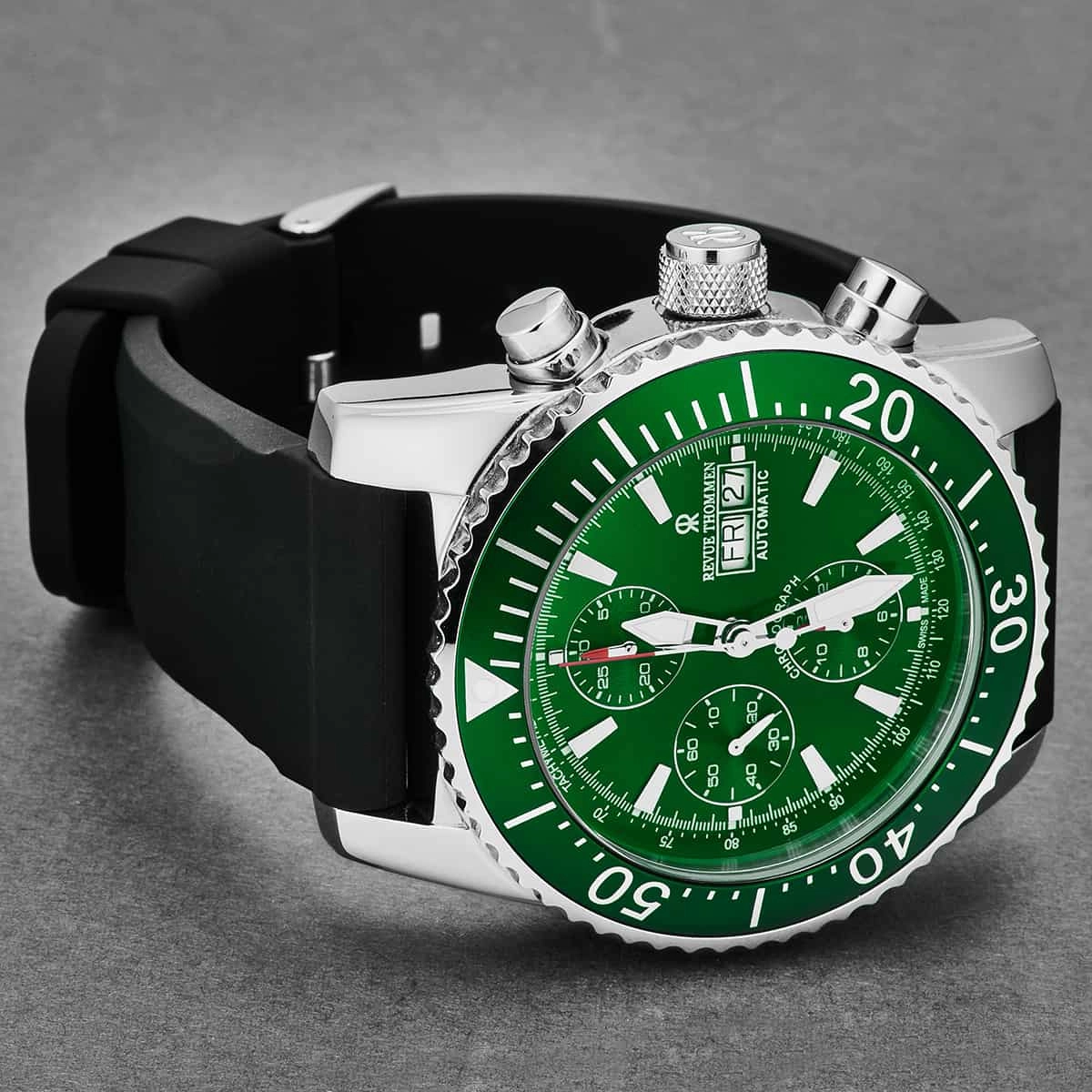 Revue Thommen Men's 17030.6532 'Divers' Green Dial Day-Date Chronograph Rubber Strap Automatic Watch