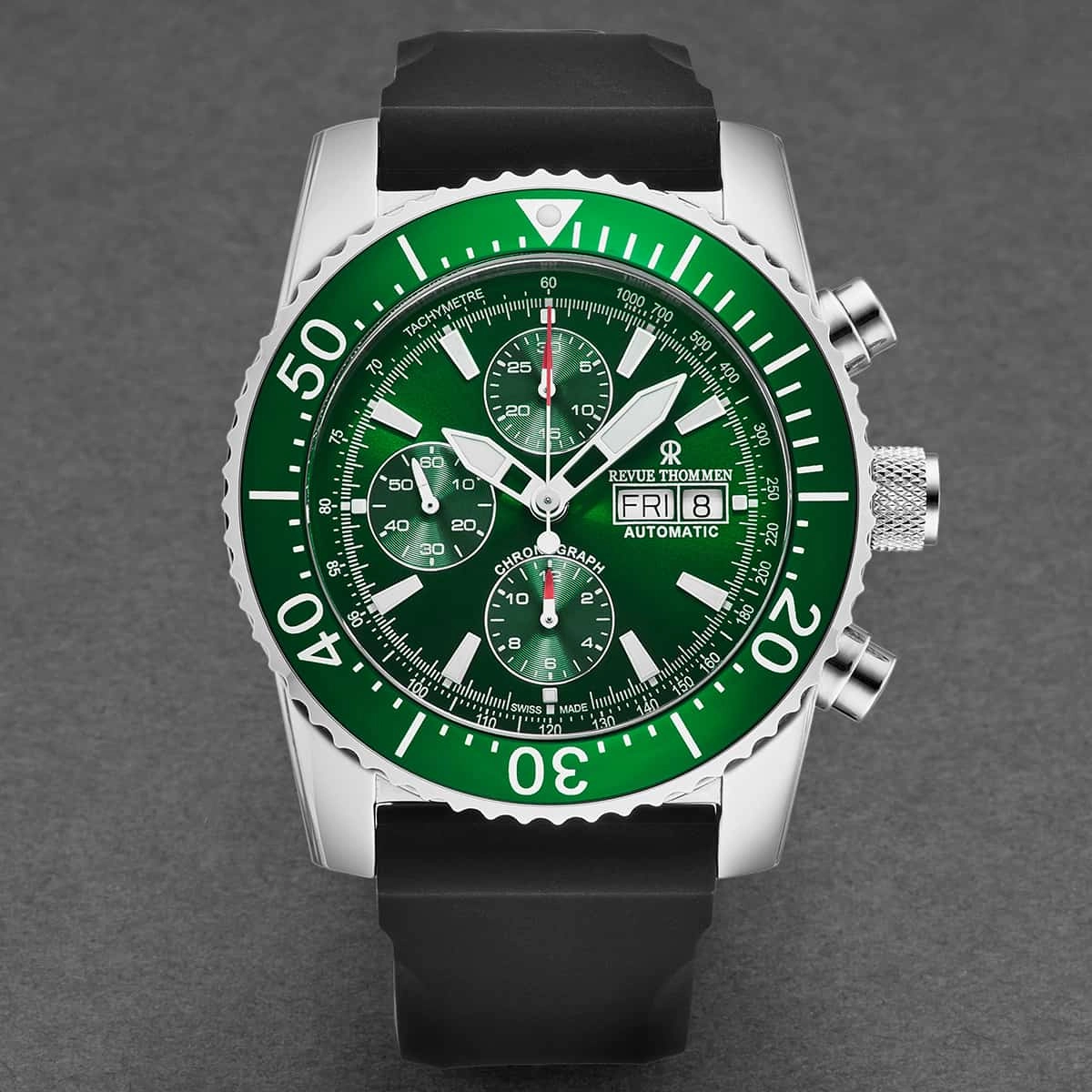 Revue Thommen Men's 17030.6532 'Divers' Green Dial Day-Date Chronograph Rubber Strap Automatic Watch