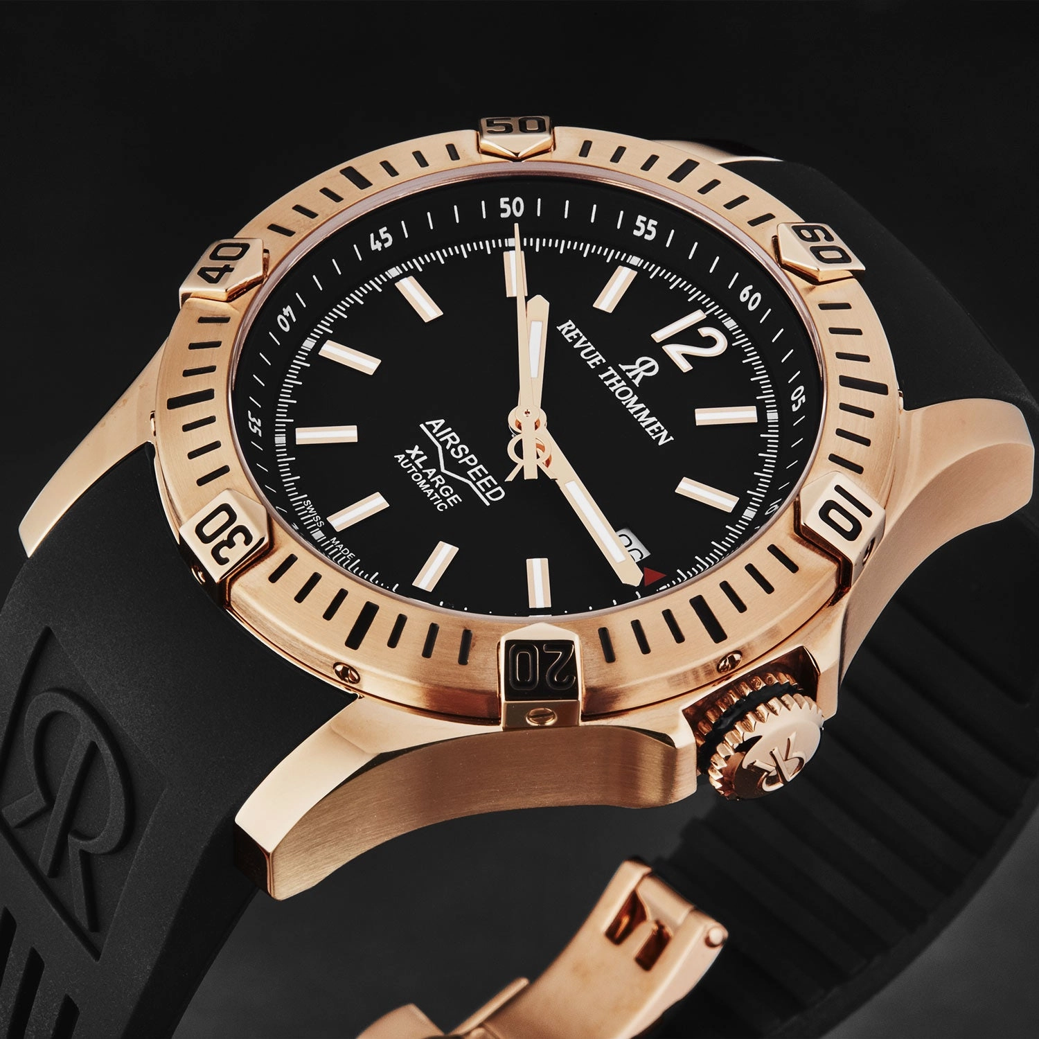 Revue Thommen Men's 'Air speed' Black Dial Black Rubber Strap Automatic Watch 16070.4667