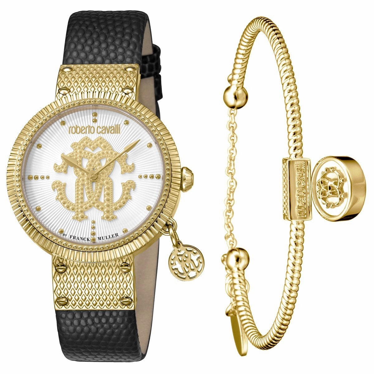 Roberto Cavalli DOTTED Leather Womens Gold Watch/Bracelet Set RV1L062L0026