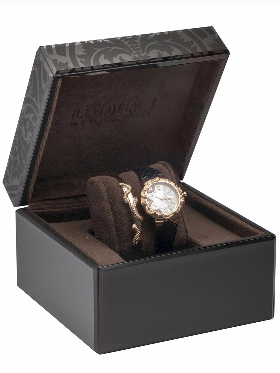 Roberto Cavalli SNAKE Womens Black Leather Rose Gold Watch RV1L069L0046