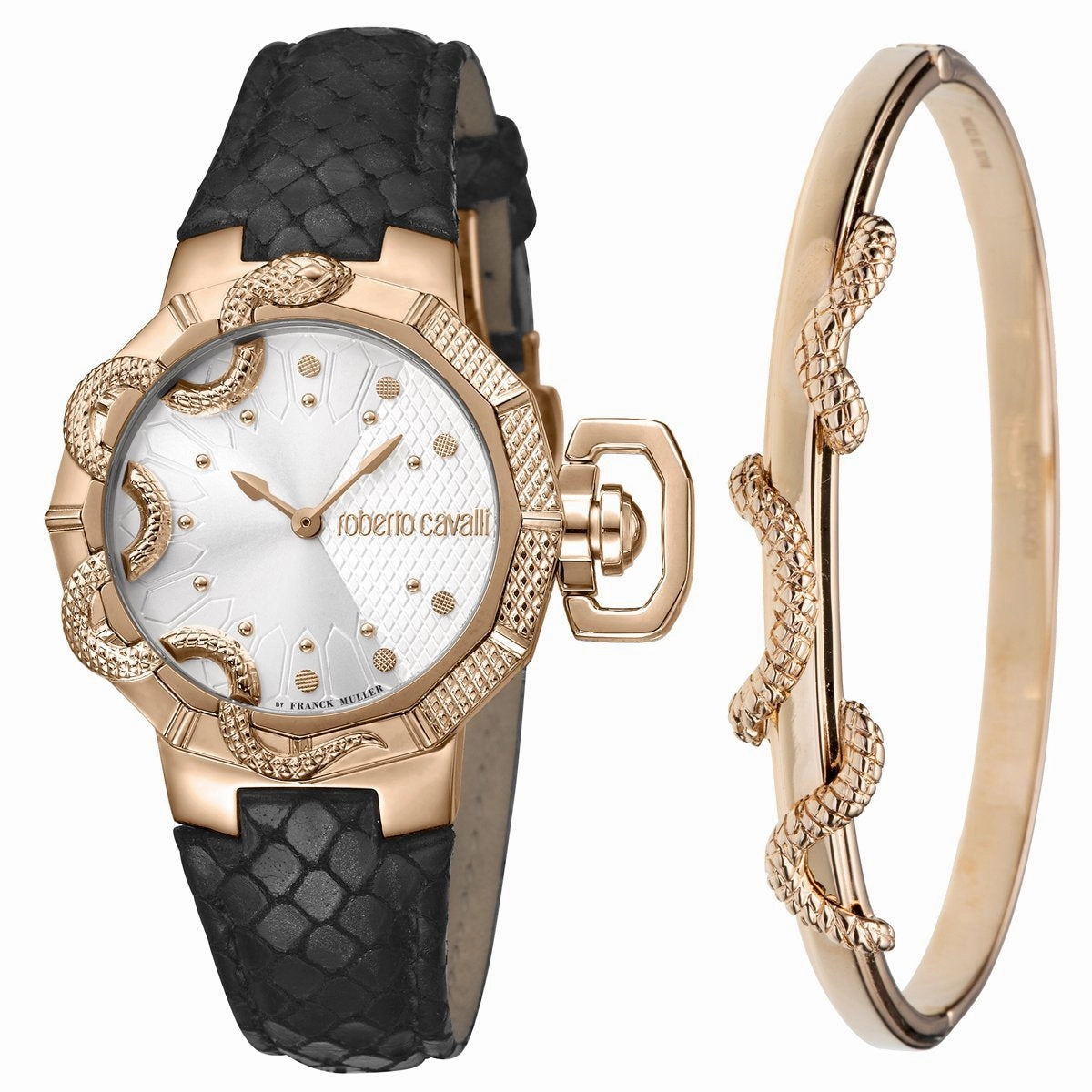 Roberto Cavalli SNAKE Womens Black Leather Rose Gold Watch RV1L069L0046