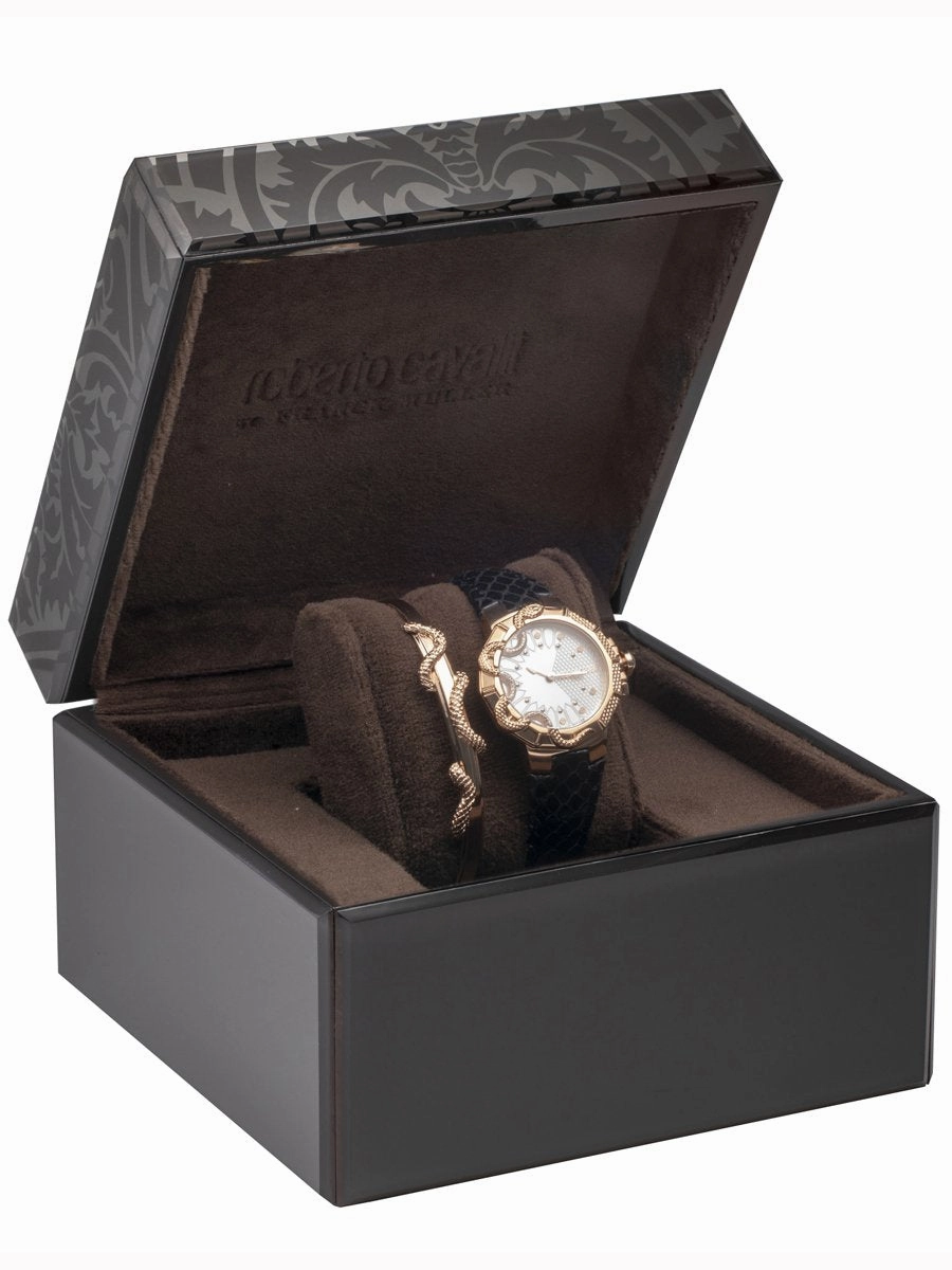 Roberto Cavalli SNAKE Womens Black Leather Rose Gold Watch RV1L069L0046