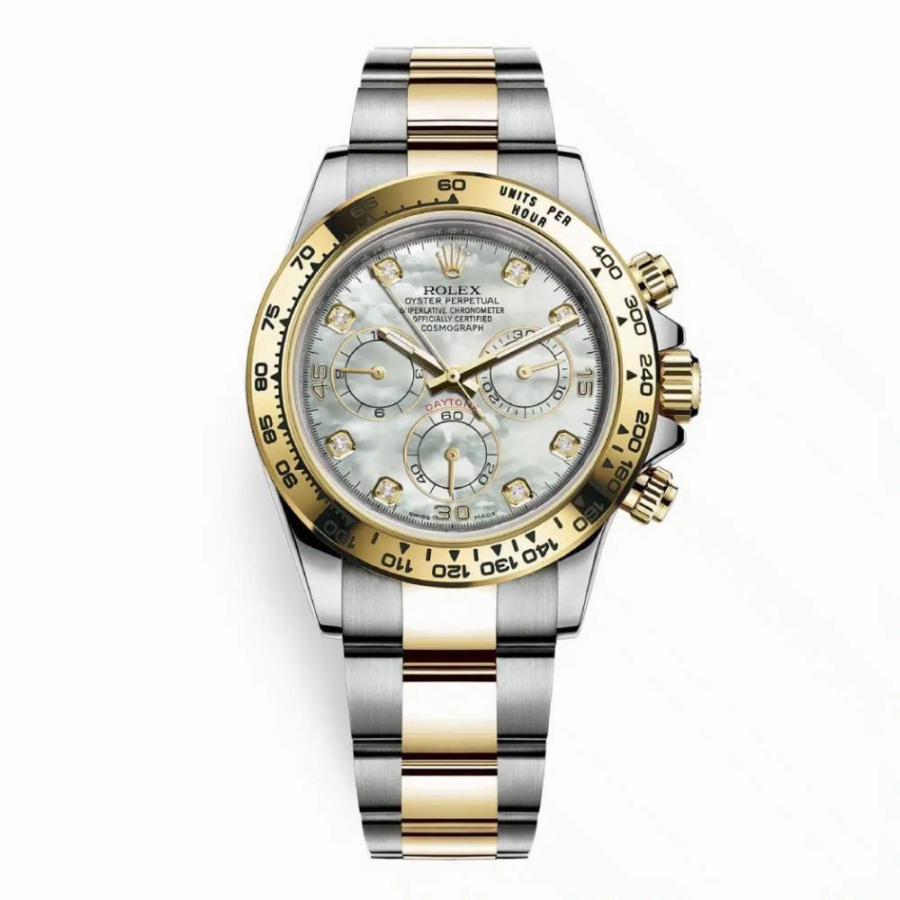 Rolex Cosmograph Daytona 40mm - Ref: 116523md - White mother of Pearl Diamond Dial & Gold Bezel, Two Tone Stainless Steel & 18K Yellow Gold Oyster Bracelet Men's Watch