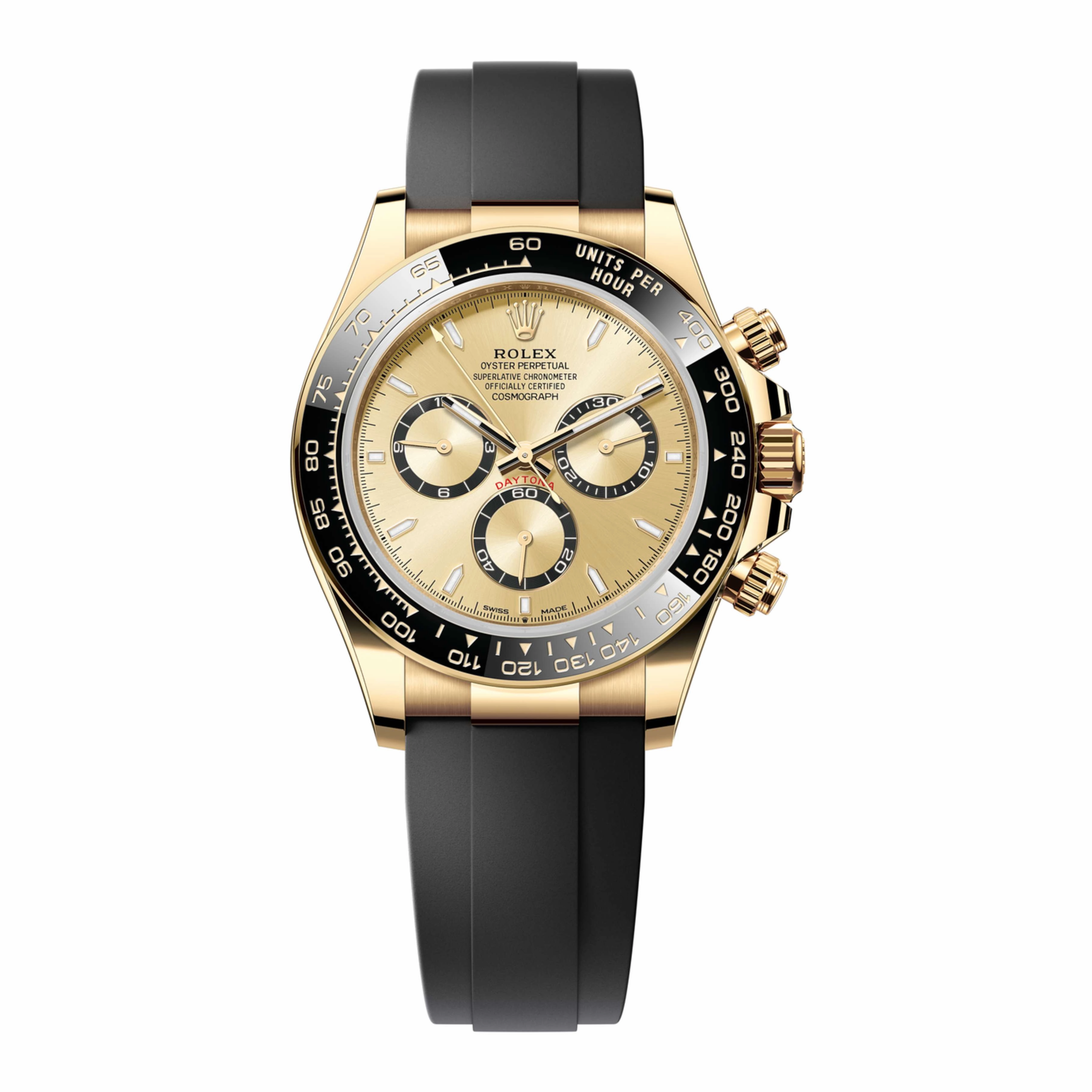 Rolex Cosmograph Daytona 40mm - Ref: 126518LN - Golden Index Dial & Ceramic Bezel, 18K Yellow Gold Case Black Oysterflex Bracelet Men's Watch