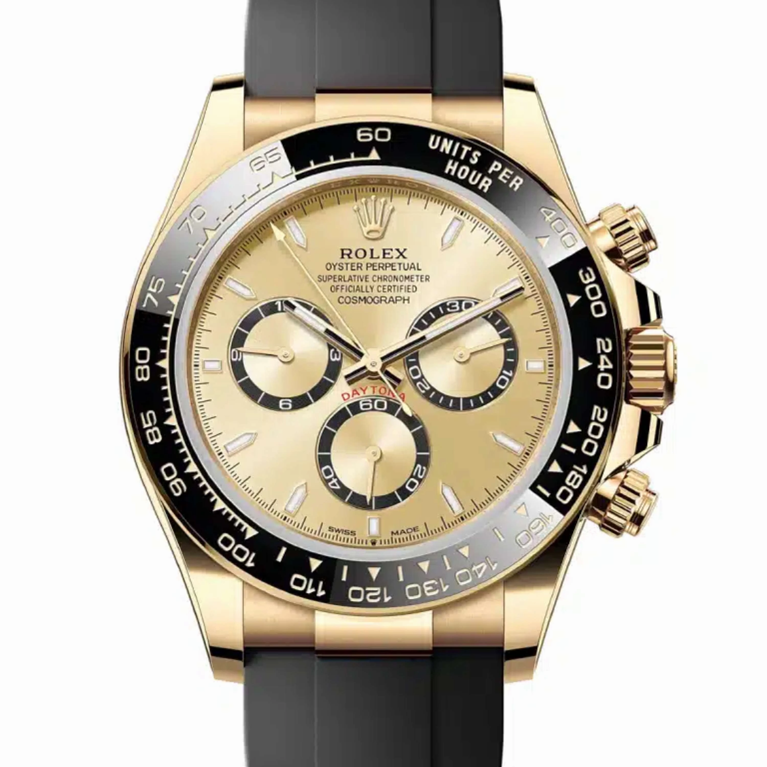 Rolex Cosmograph Daytona 40mm - Ref: 126518LN - Golden Index Dial & Ceramic Bezel, 18K Yellow Gold Case Black Oysterflex Bracelet Men's Watch