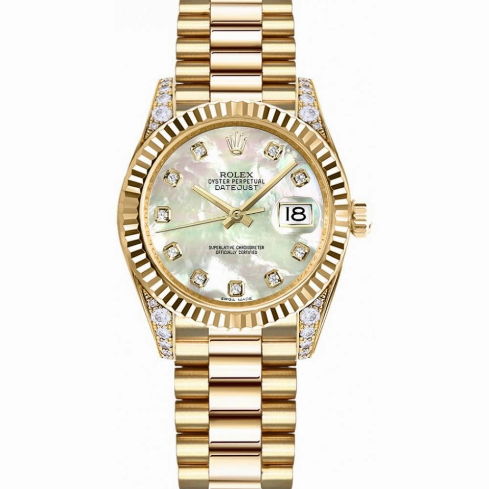 Rolex Datejust 31mm - Ref: 178238 mdp - White Mother of Pearl Dial, Diamond Case, 18K Yellow Gold President Bracelet Women's Watch
