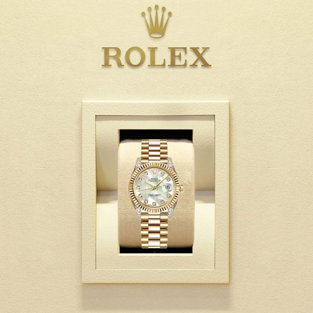 Rolex Datejust 31mm - Ref: 178238 mdp - White Mother of Pearl Dial, Diamond Case, 18K Yellow Gold President Bracelet Women's Watch
