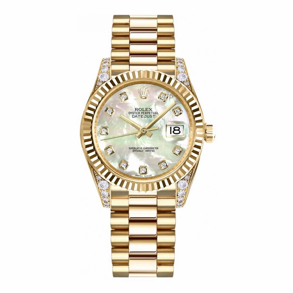 Rolex Datejust 31mm - Ref: 178238 mdp - White Mother of Pearl Dial, Diamond Case, 18K Yellow Gold President Bracelet Women's Watch