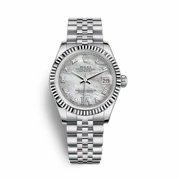 Rolex Datejust 31mm - Ref: 178274-0086 - White Mother of Pearl Roman Diamond Dial, Stainless Steel Jubilee Bracelet Women's Watch
