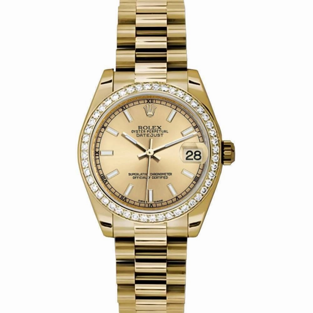 Rolex Datejust 31mm - Ref: 178288 chcap 2 - Champagne Dial & Diamond Bezel, 18K Yellow Gold President Bracelet Women's Watch